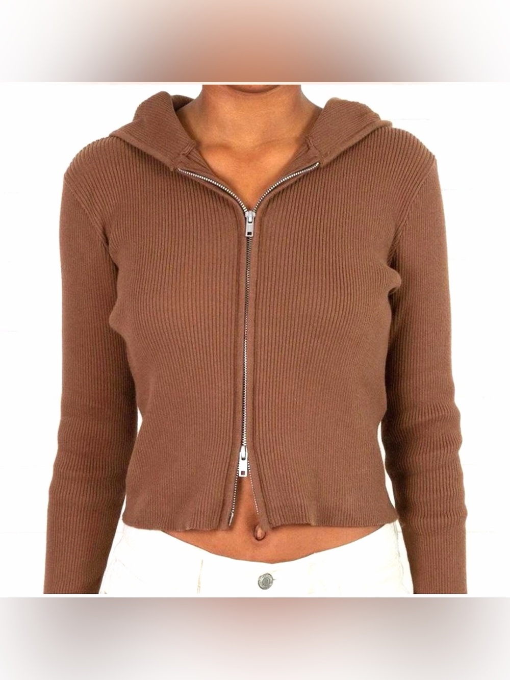John Galt/Brandy Melville Brown Ribbed Zip Hoodie One Size (XS/S)